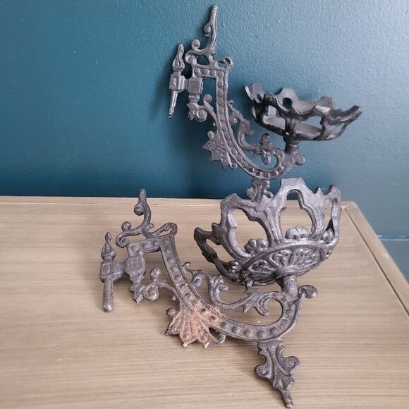 2 Victorian Goth Black Cast Iron Swing Arm Oil Lamp Candle Holder Vintage Ornate - Picture 2 of 12